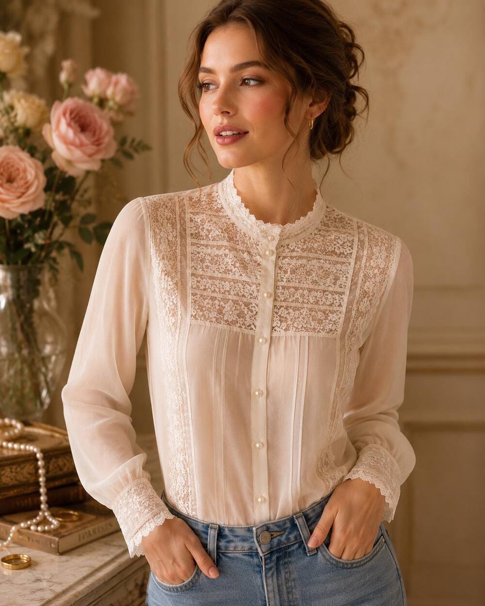 Vintage Ralph Lauren Ivory Silk Blouse: Victorian Lace & Pearl Buttons